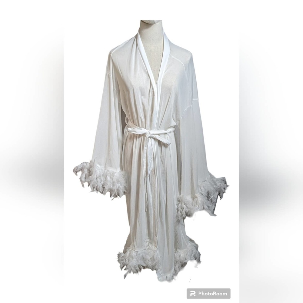 White Mesh Feather Kimono Robe